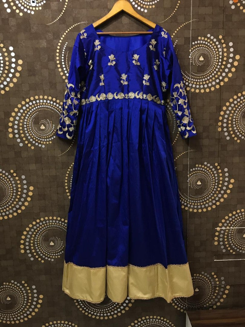 Blue tapeta silk embroidered partywear anarkali suit