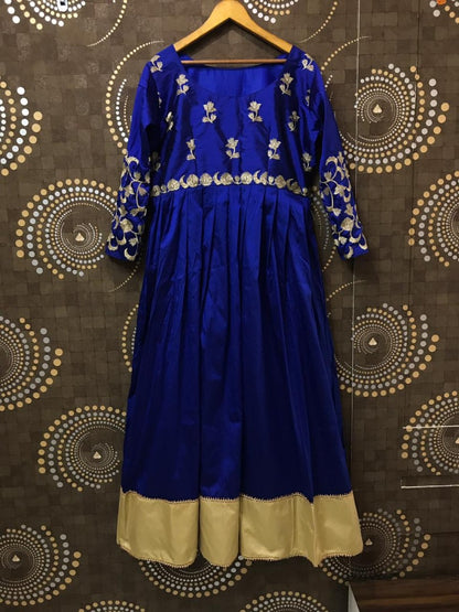 Blue tapeta silk embroidered partywear anarkali suit