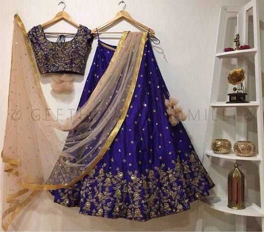 Blue tapeta silk embroidered wedding lehenga