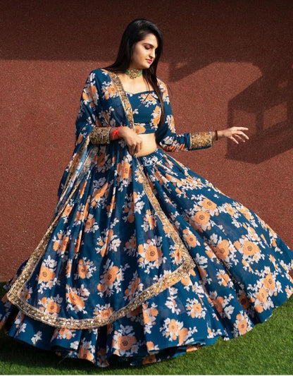 Blue tapeta silk flower printed lehenga choli