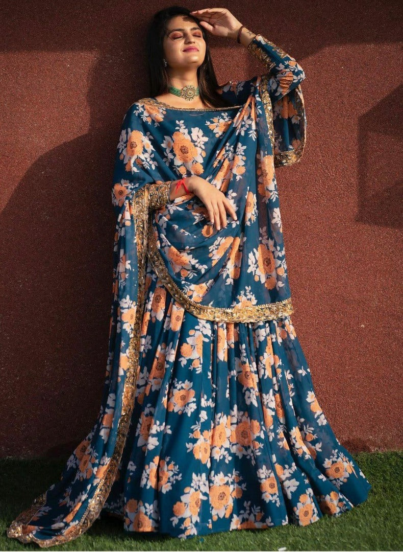 Blue tapeta silk flower printed lehenga choli