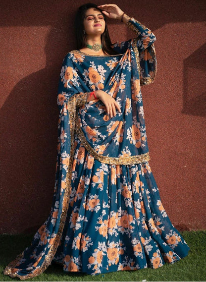 Blue tapeta silk flower printed lehenga choli