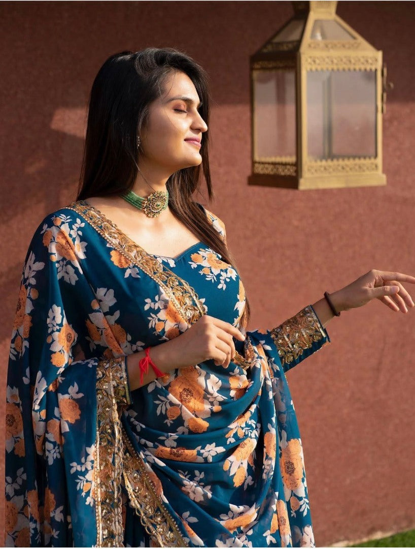 Blue tapeta silk flower printed lehenga choli