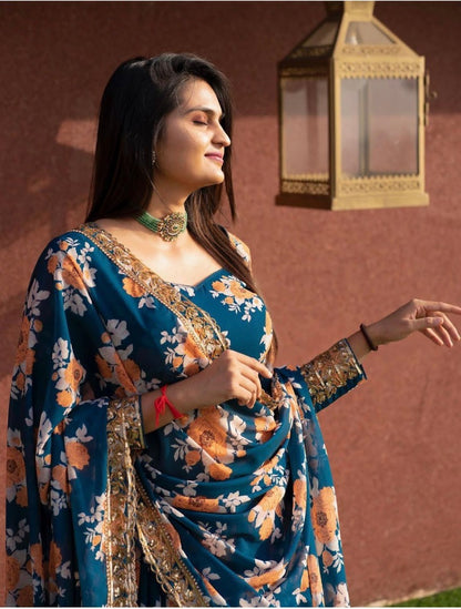Blue tapeta silk flower printed lehenga choli