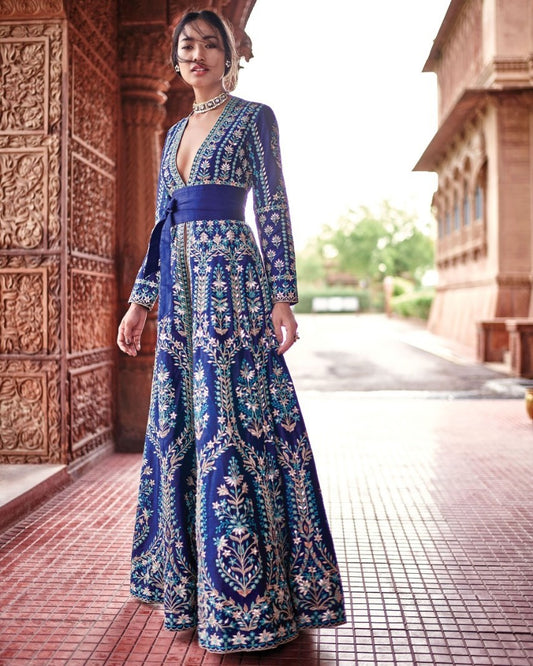 Blue tapeta silk heavy embroidered gown