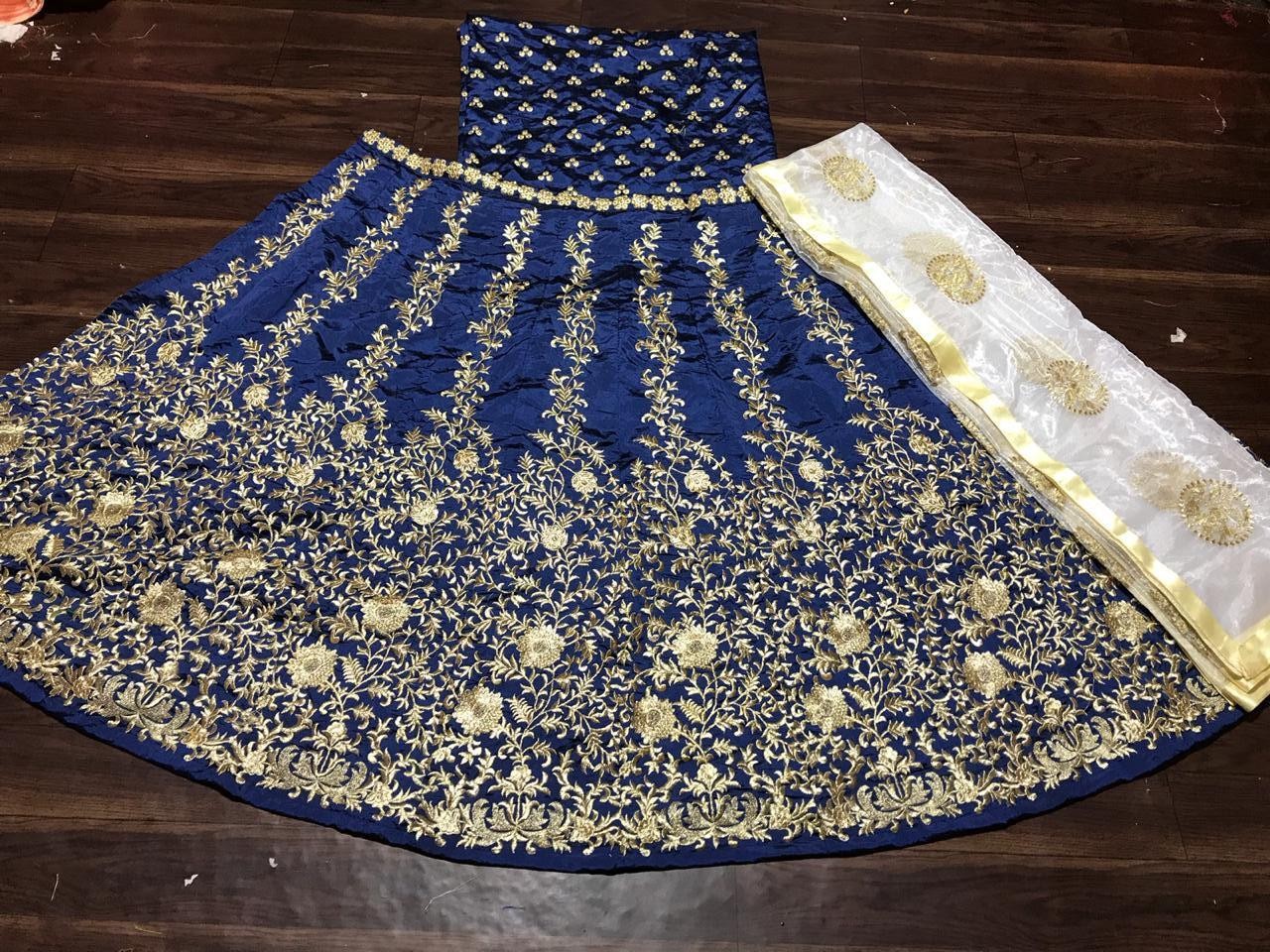 blue tapeta silk heavy embroidered wedding lehenga