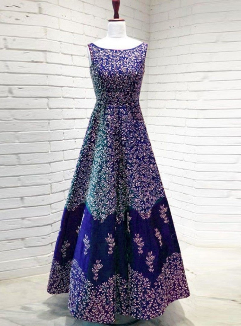 blue tapeta silk heavy embroidered wedding wear gown