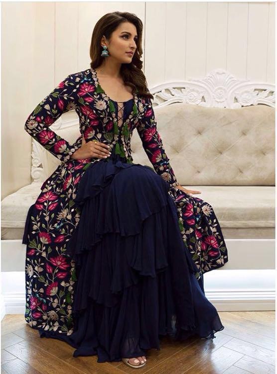 Blue tapta silk embroidered bollywood indowestern lehenga suit