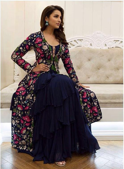 Blue tapta silk embroidered bollywood indowestern lehenga suit