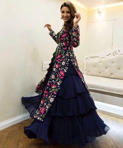 Blue tapta silk embroidered bollywood indowestern lehenga suit