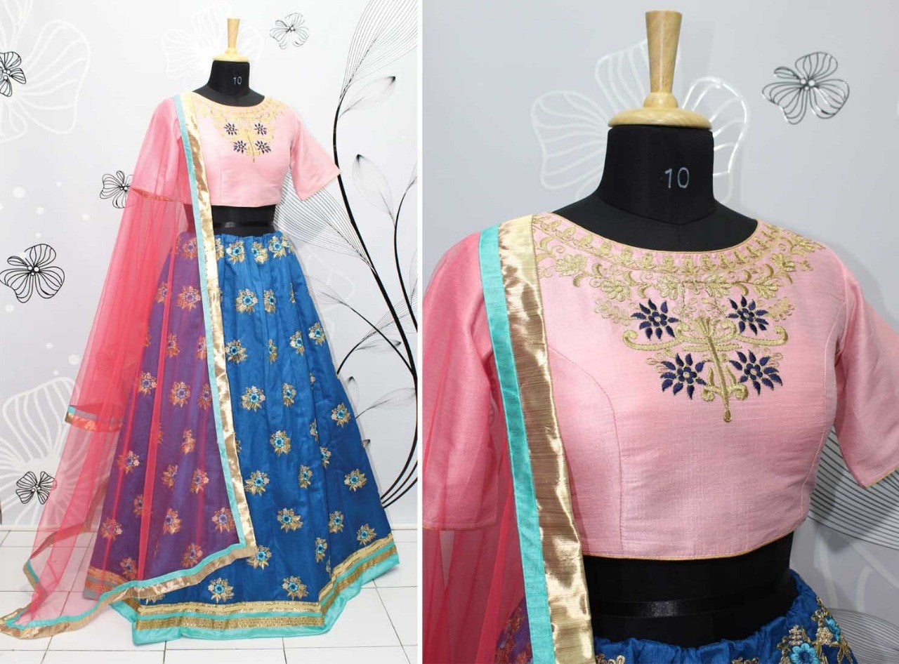 Blue thai silk embroidered festival wear lehenga choli