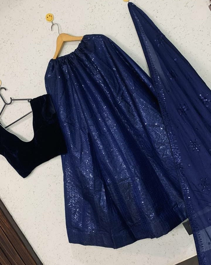 Blue two tone silk heavy sequence work shining wedding lehenga choli