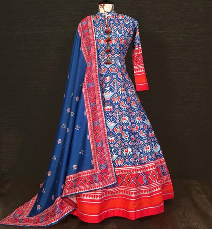 Blue vaishali silk digital printed anarkali gown