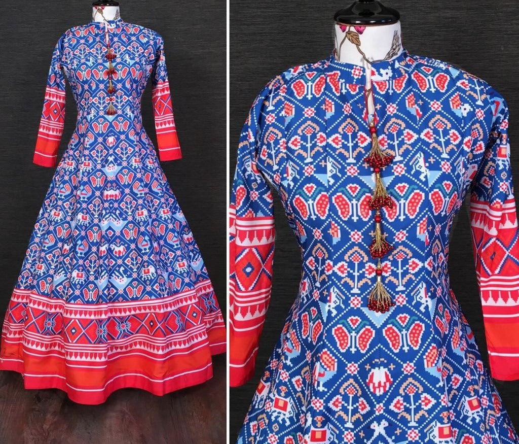 Blue vaishali silk digital printed anarkali gown