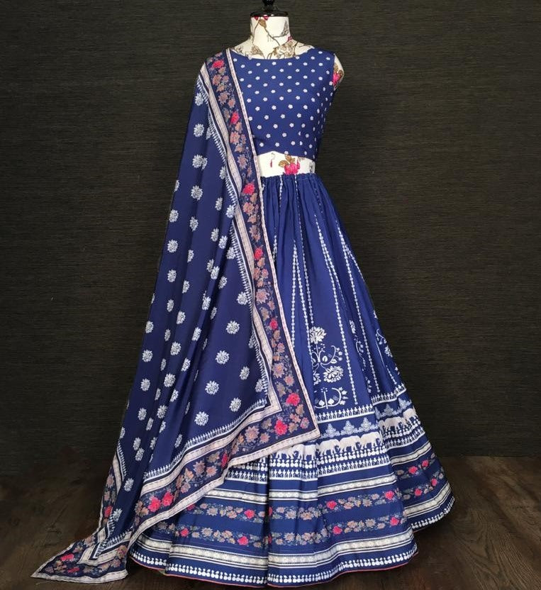 Blue vaishali silk digital printed party wear lehenga choli