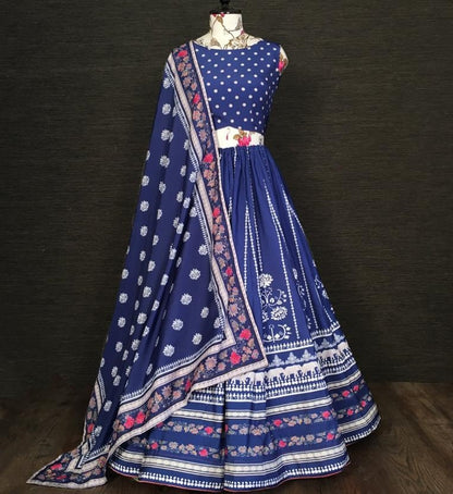 Blue vaishali silk digital printed party wear lehenga choli