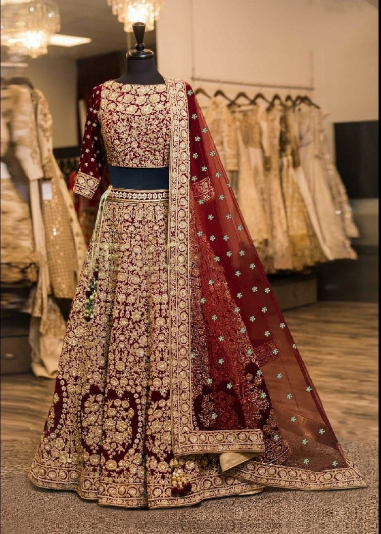 Blue velvet designer heavy embroidered bridal lehenga