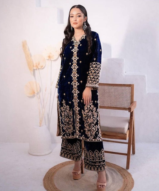 Blue velvet designer wedding palazzo suit