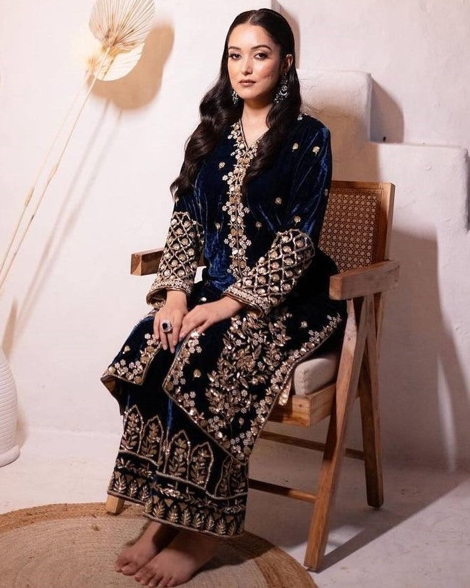 Blue velvet designer wedding palazzo suit