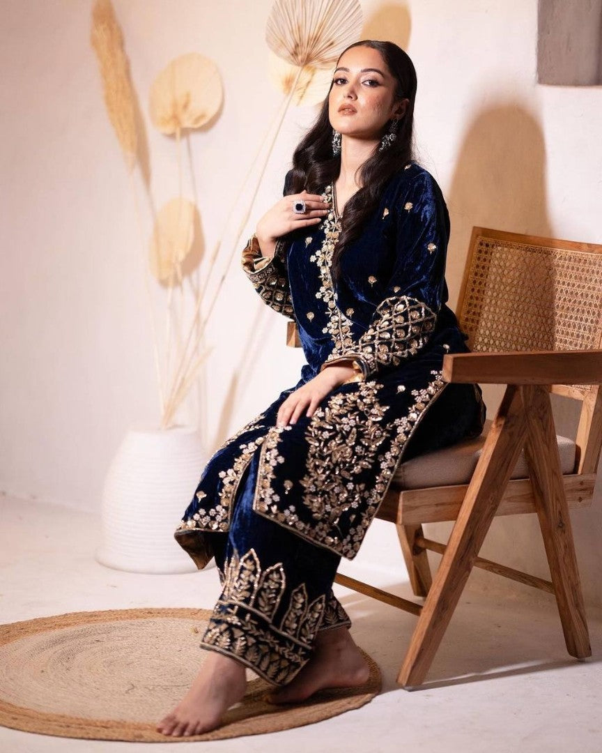 Blue velvet designer wedding palazzo suit
