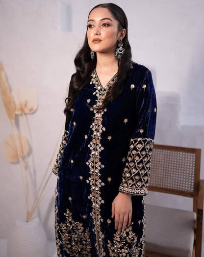 Blue velvet designer wedding palazzo suit