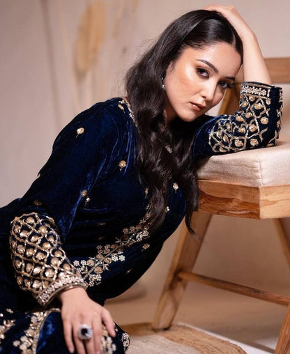 Blue velvet designer wedding palazzo suit