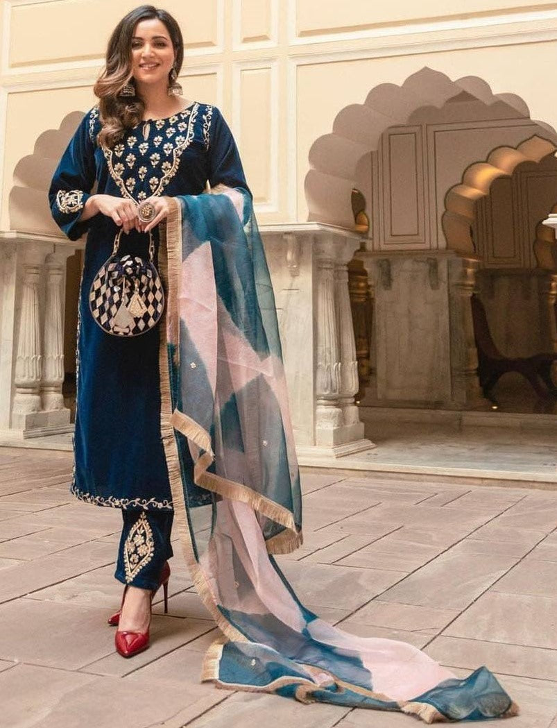 Blue velvet embroidery worked plazzo suit