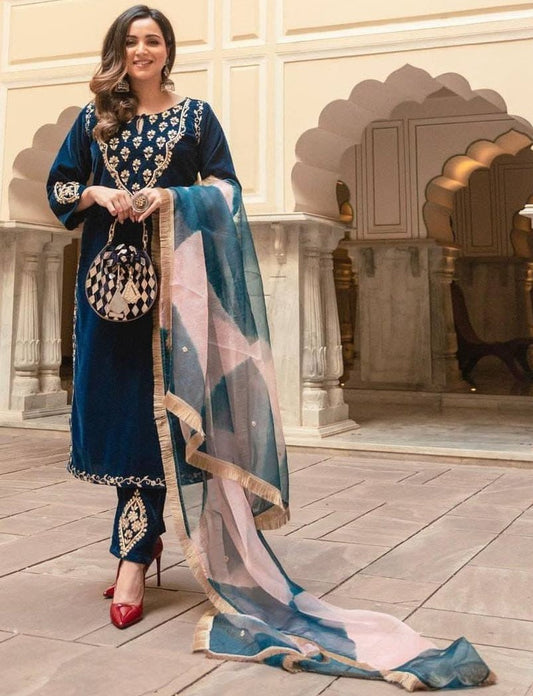 Blue velvet embroidery worked plazzo suit