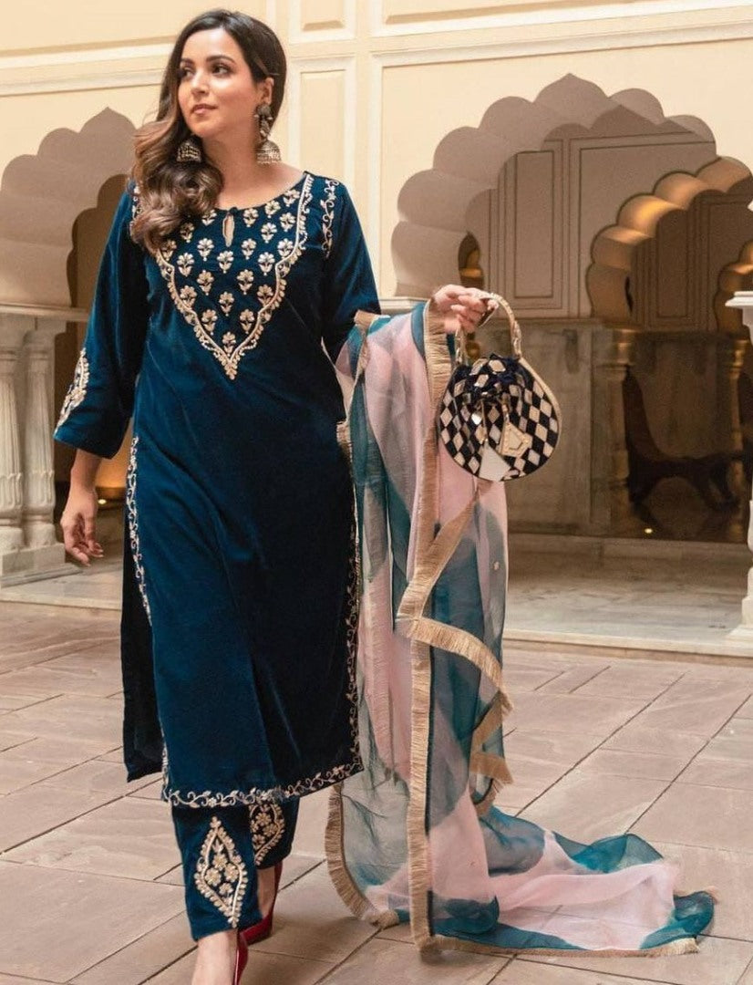 Blue velvet embroidery worked plazzo suit