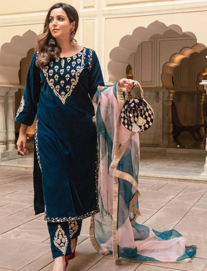 Blue velvet embroidery worked plazzo suit