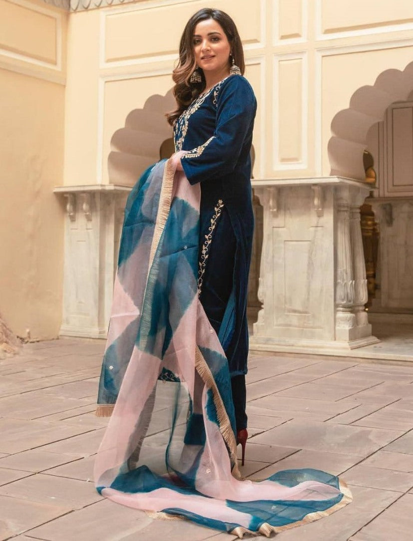 Blue velvet embroidery worked plazzo suit