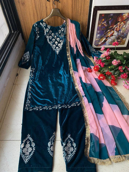 Blue velvet embroidery worked plazzo suit