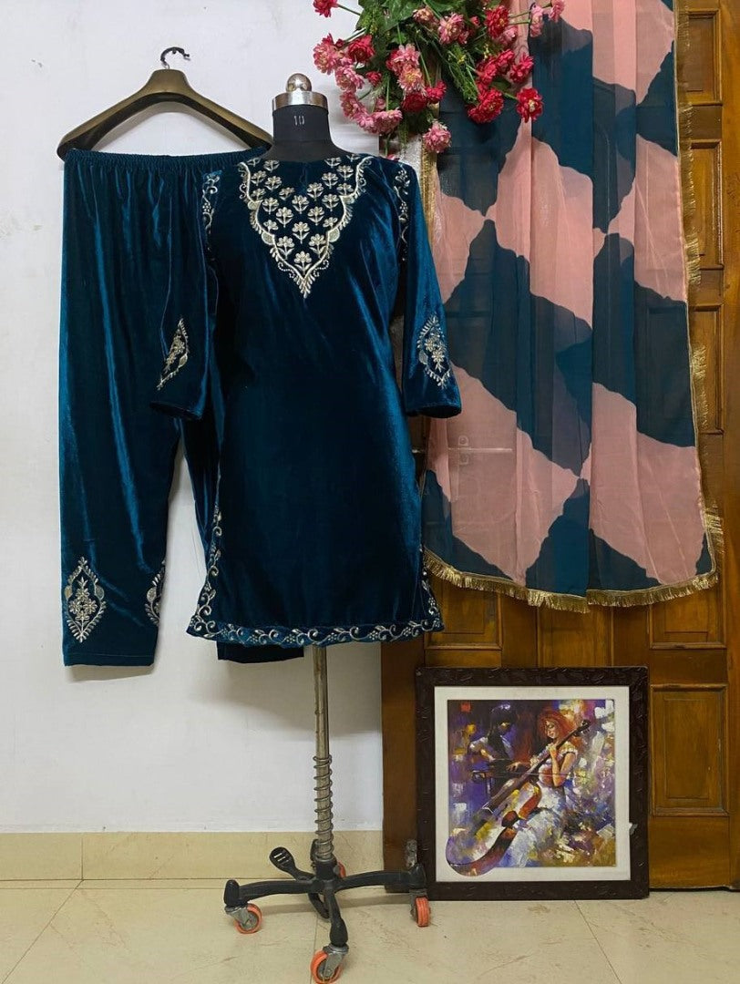 Blue velvet embroidery worked plazzo suit
