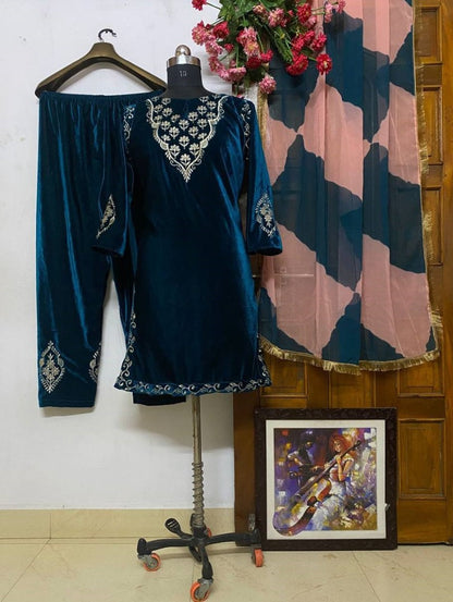 Blue velvet embroidery worked plazzo suit