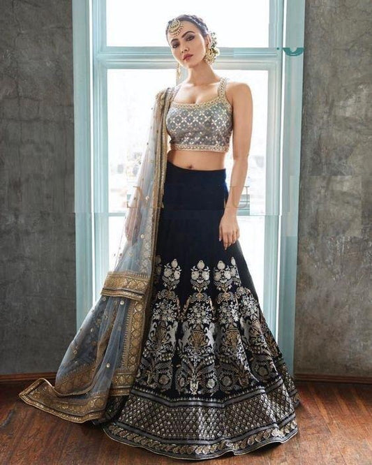 Blue velvet heavy designer embroidered wedding lehenga