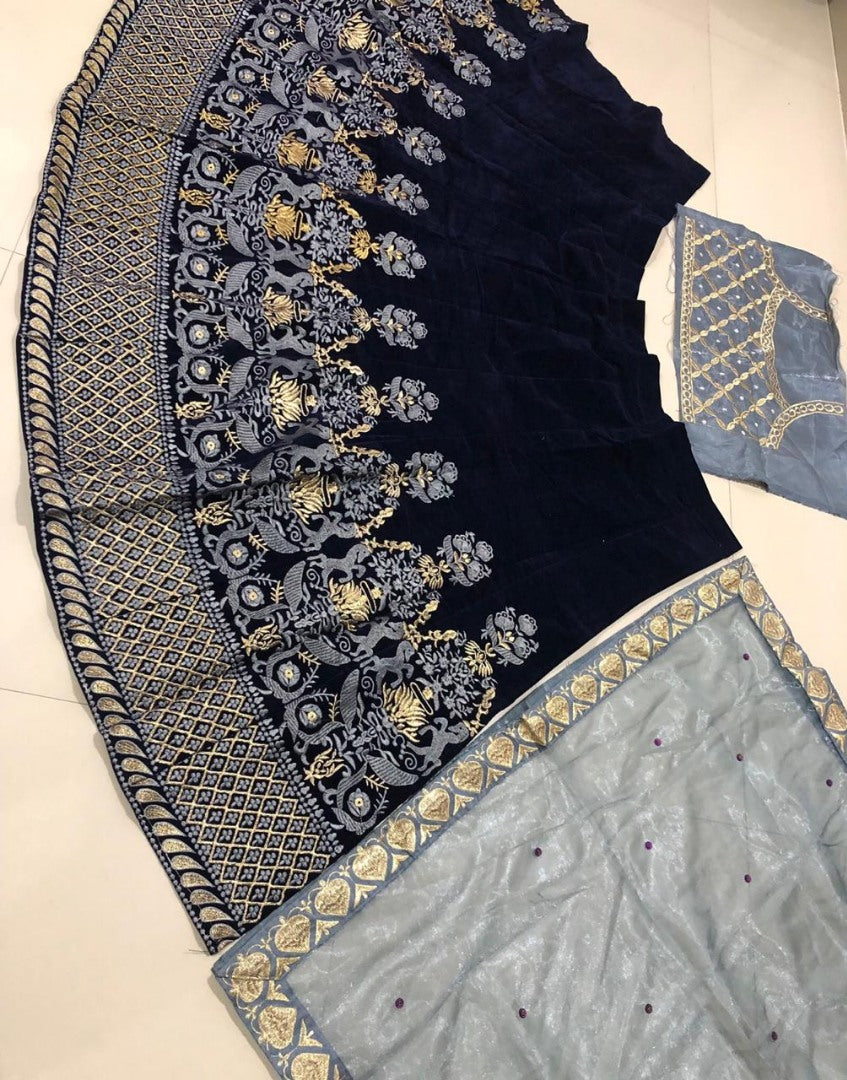 Blue velvet heavy designer embroidered wedding lehenga
