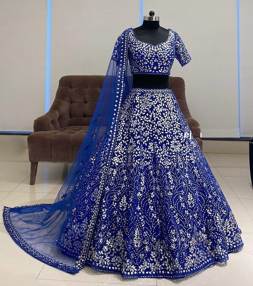Blue velvet heavy emboridered wedding lehenga choli