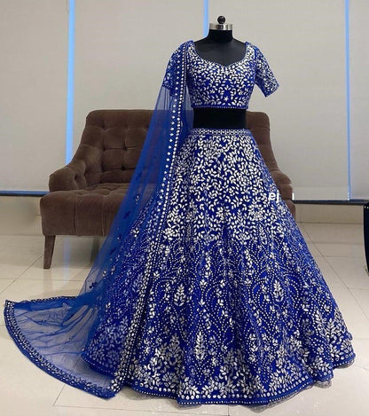 Blue velvet heavy emboridered wedding lehenga choli