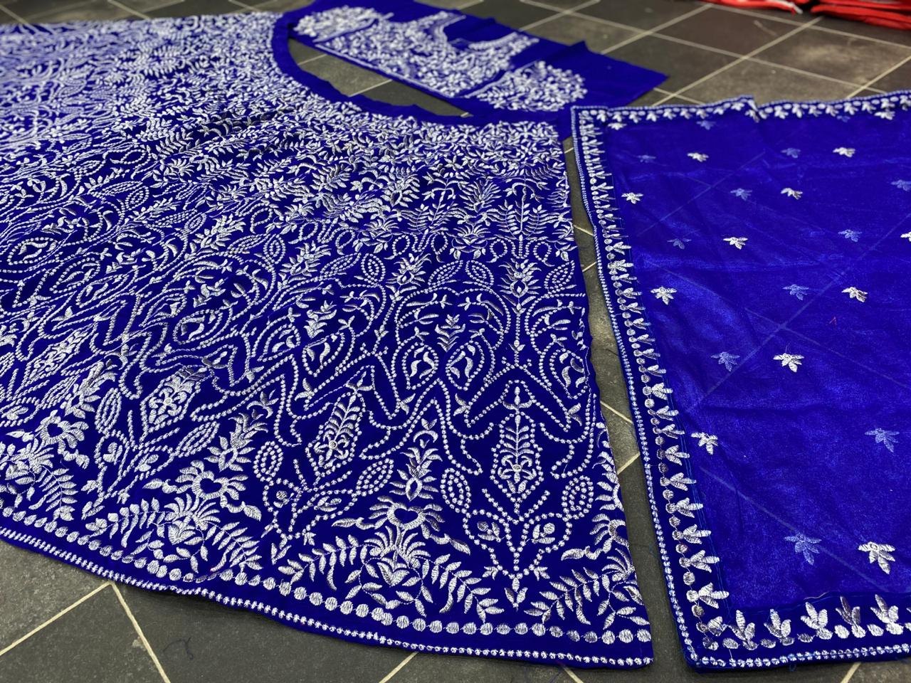 Blue velvet heavy emboridered wedding lehenga choli