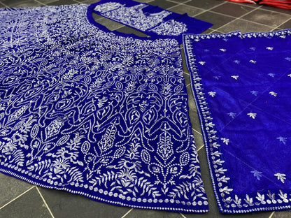 Blue velvet heavy emboridered wedding lehenga choli