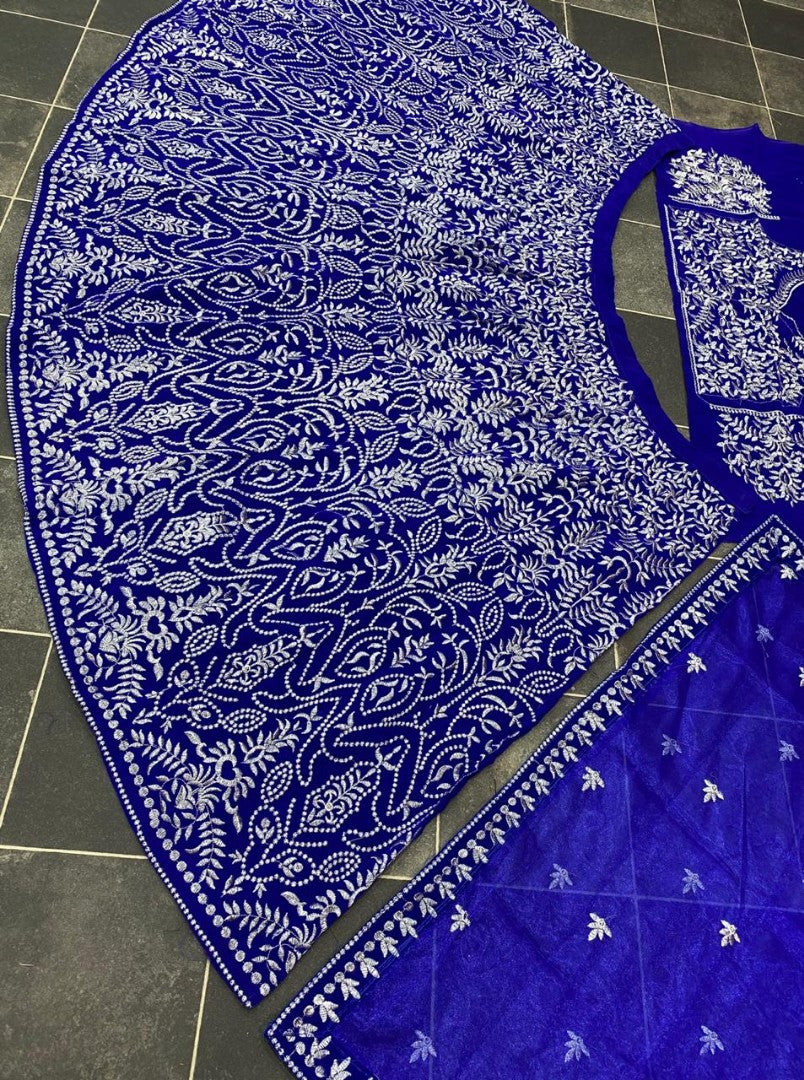Blue velvet heavy emboridered wedding lehenga choli