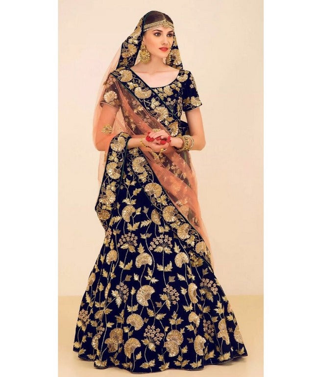 Blue velvet heavy embroidered bridal lehenga
