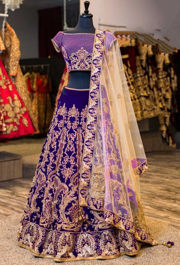 Blue velvet heavy embroidered wedding lehenga choli