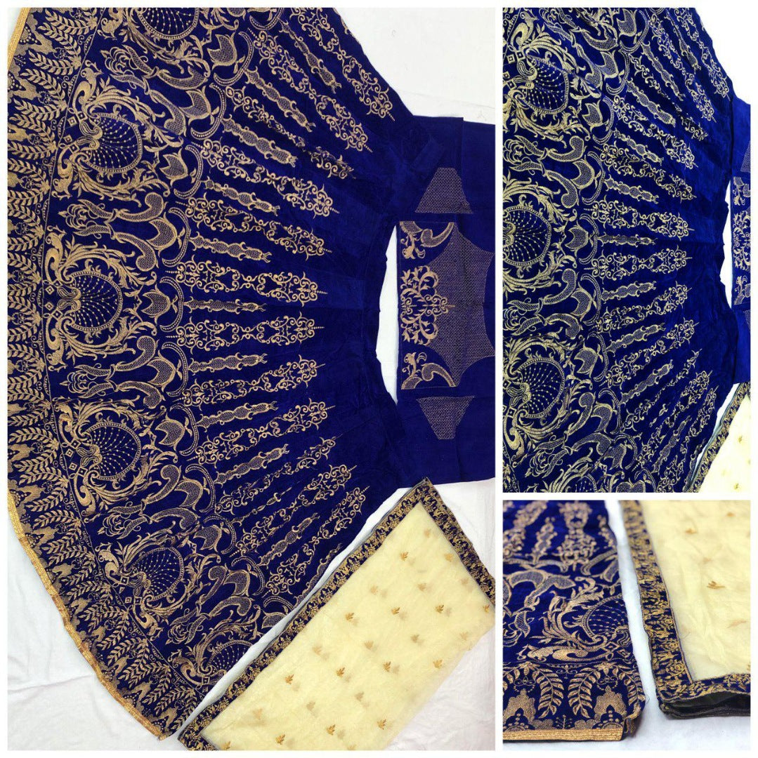 Blue velvet heavy embroidered wedding lehenga choli