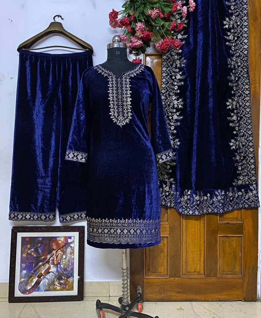 Blue velvet heavy embroidery worked plazzo suit