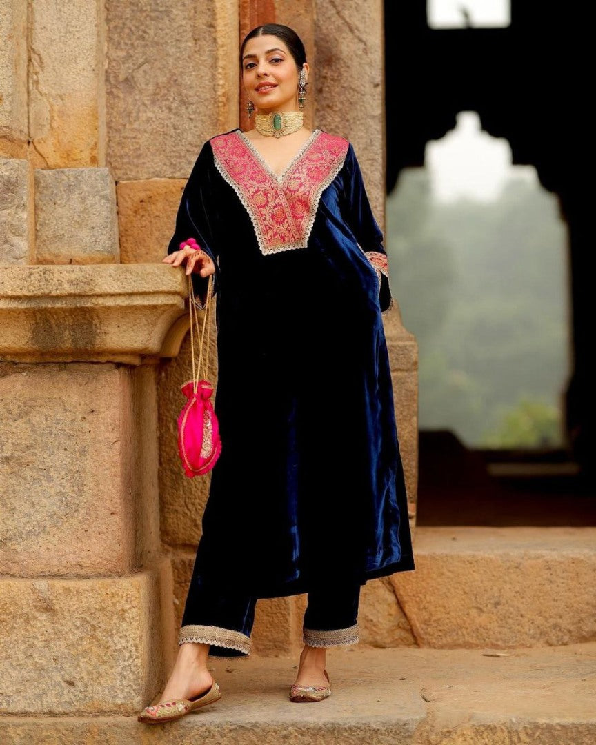 Blue velvet party wear plazzo suit