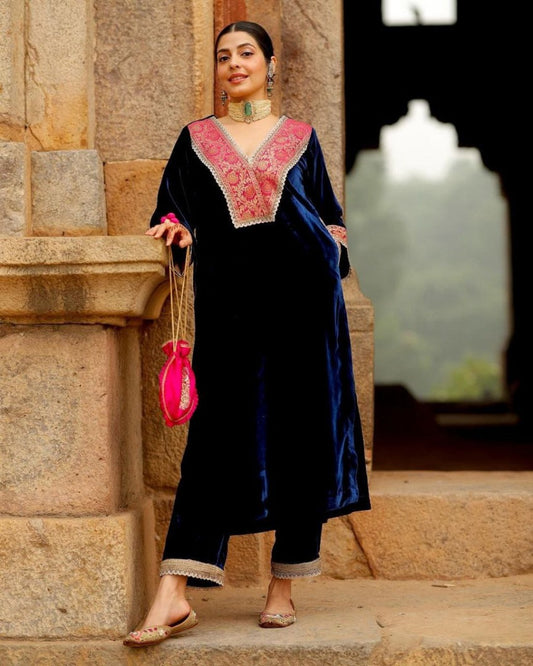 Blue velvet party wear plazzo suit