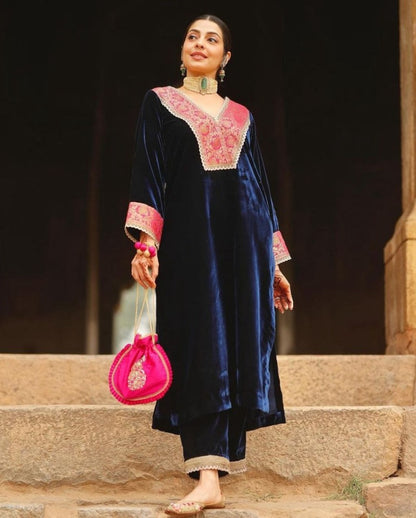 Blue velvet party wear plazzo suit