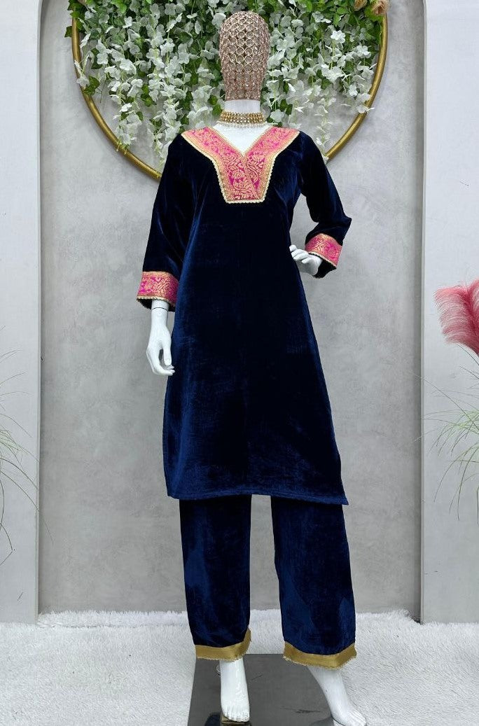 Blue velvet party wear plazzo suit