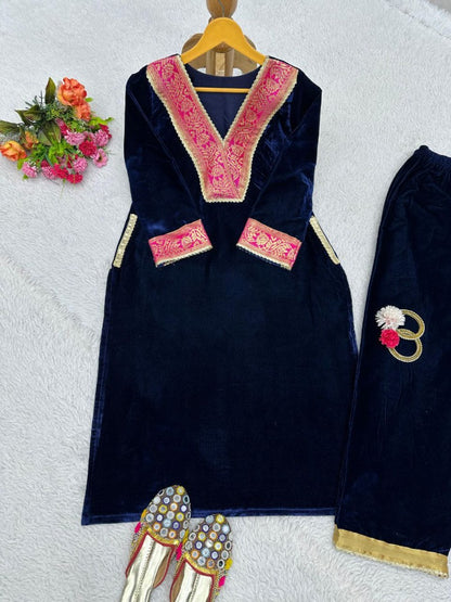 Blue velvet party wear plazzo suit